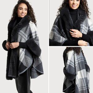 Blair Faux Fur Plaid Hooded Cape SAACHI NEW